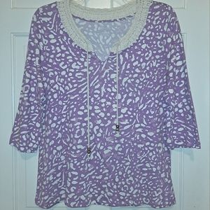 Merona animal print 3/4 long sleeve blouse crochet design purple beige size XXL